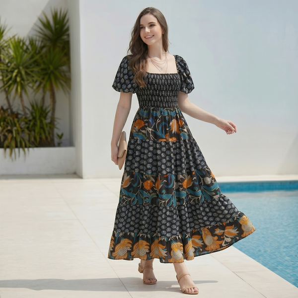 Made in Italy Square Neck Puff Sleeve Smocked Maxi Dress
