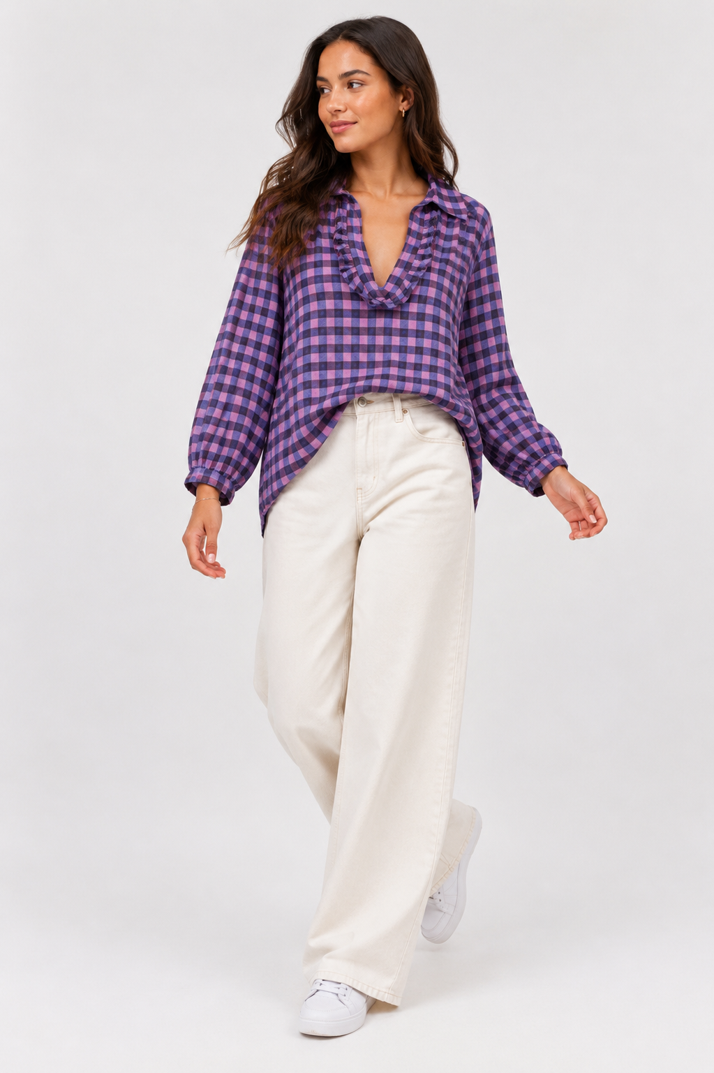 Made in Italy Check Frill neck Top