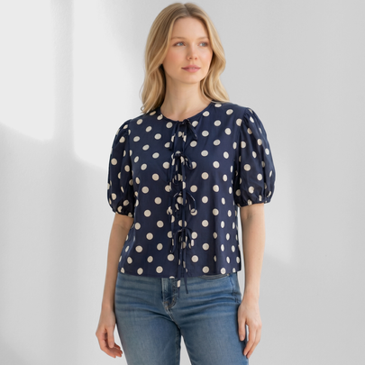 Made in Italy Polka Dot Tie-Front Top