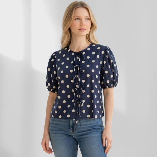 Made in Italy Polka Dot Tie-Front Top
