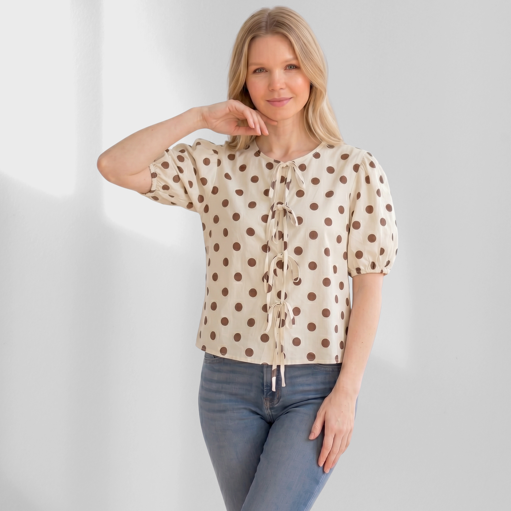 Made in Italy Polka Dot Tie-Front Top