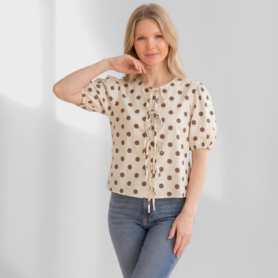 Made in Italy Polka Dot Tie-Front Top
