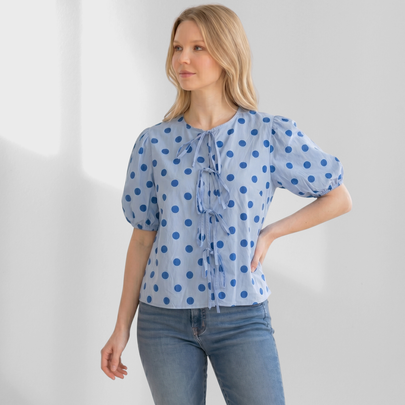 Made in Italy Polka Dot Tie-Front Top