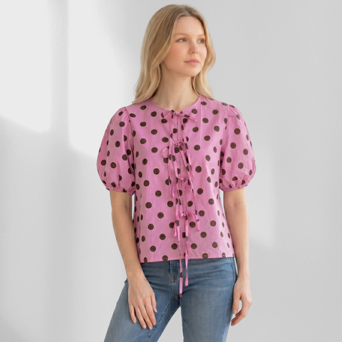 Made in Italy Polka Dot Tie-Front Top