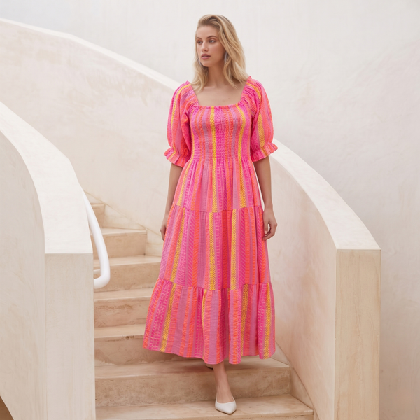 Made in Italy  Off-Shoulder Tiered Midi Dress with Puff Sleeves