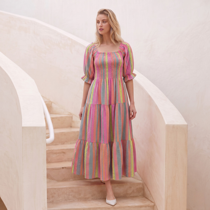 Made in Italy  Off-Shoulder Tiered Midi Dress with Puff Sleeves
