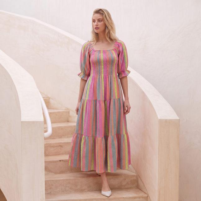 Made in Italy  Off-Shoulder Tiered Midi Dress with Puff Sleeves
