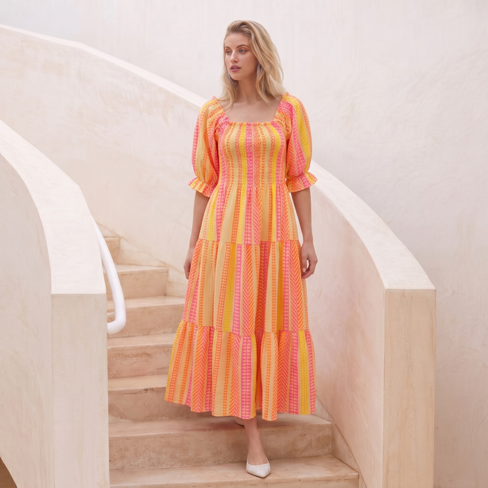 Made in Italy  Off-Shoulder Tiered Midi Dress with Puff Sleeves