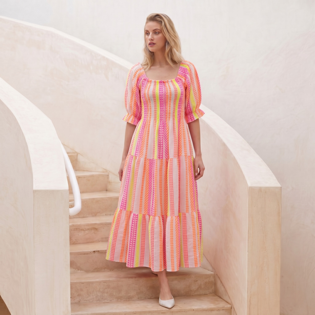 Made in Italy  Off-Shoulder Tiered Midi Dress with Puff Sleeves