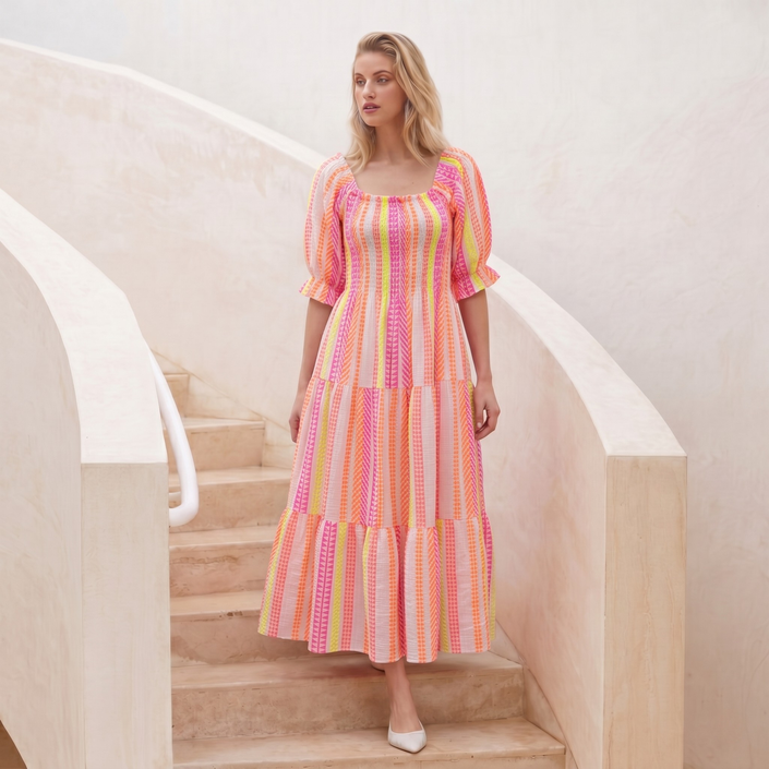 Made in Italy  Off-Shoulder Tiered Midi Dress with Puff Sleeves
