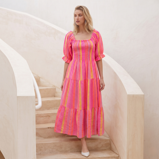 Made in Italy  Off-Shoulder Tiered Midi Dress with Puff Sleeves