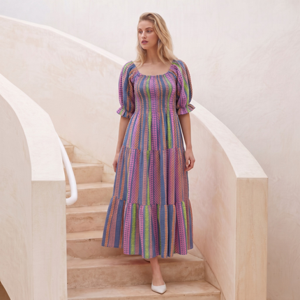 Made in Italy  Off-Shoulder Tiered Midi Dress with Puff Sleeves