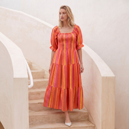Made in Italy  Off-Shoulder Tiered Midi Dress with Puff Sleeves