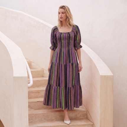 Made in Italy  Off-Shoulder Tiered Midi Dress with Puff Sleeves