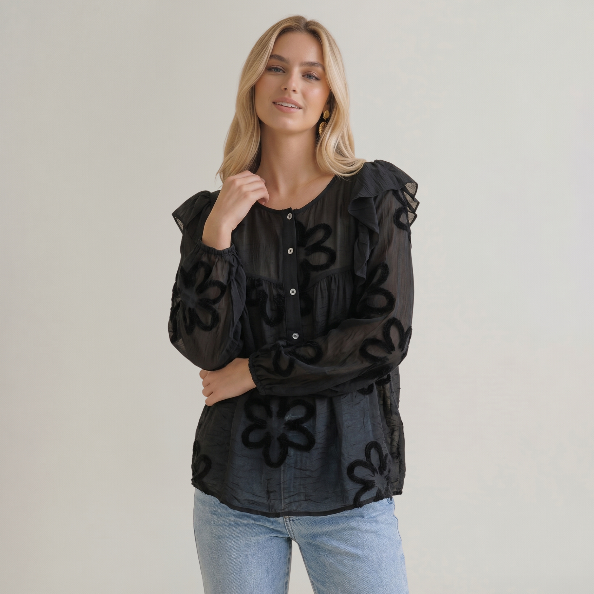 Made in Italy Floral Blouse with Ruffle Sleeves