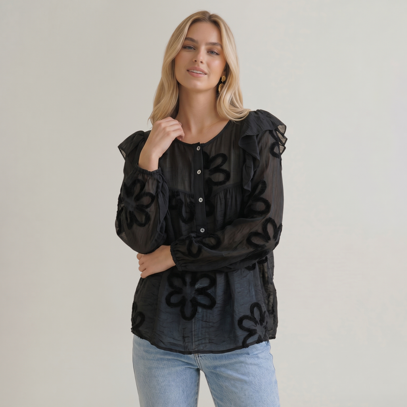 Made in Italy Floral Blouse with Ruffle Sleeves