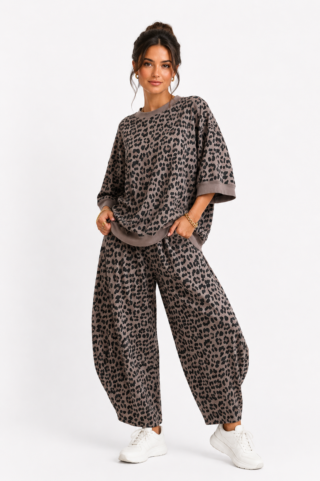 Made in Italy leopard Print Sweatshirt Barrel Leg Trouser