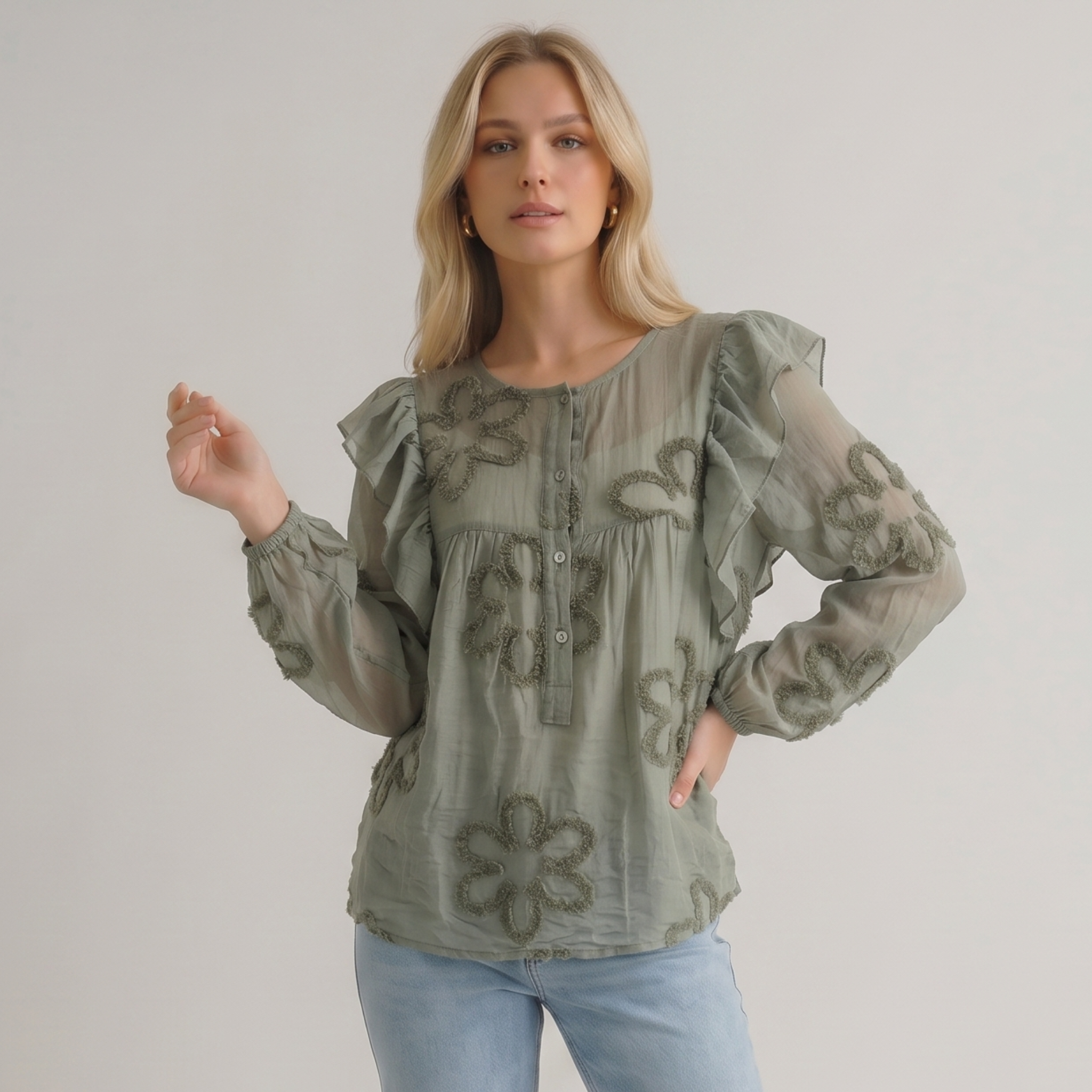 Made in Italy Floral Blouse with Ruffle Sleeves