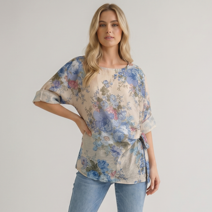 Floral Print Tie Side Top, Made in Italy