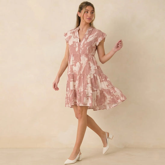 Made in Italy Floral Tiered Smock Dress V-Neck Tunic