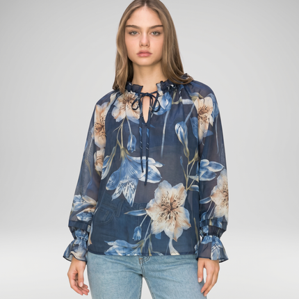 Floral Frill Neck Blouse, Made in Italy