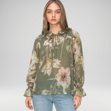 Floral Frill Neck Blouse, Made in Italy