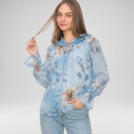 Floral Frill Neck Blouse, Made in Italy