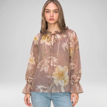 Floral Frill Neck Blouse, Made in Italy