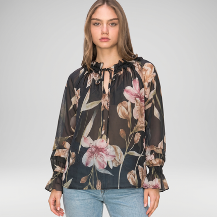 Floral Frill Neck Blouse, Made in Italy