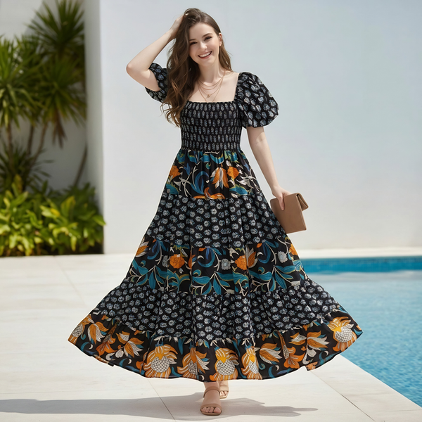 Made in Italy Square Neck Puff Sleeve Smocked Maxi Dress