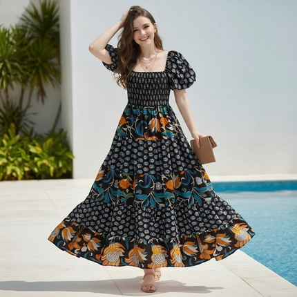 Made in Italy Square Neck Puff Sleeve Smocked Maxi Dress