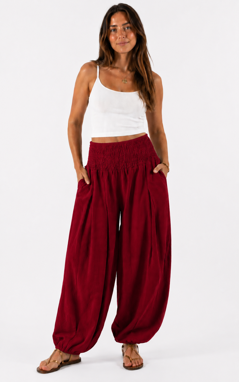 Made in shirred waist harem trouser