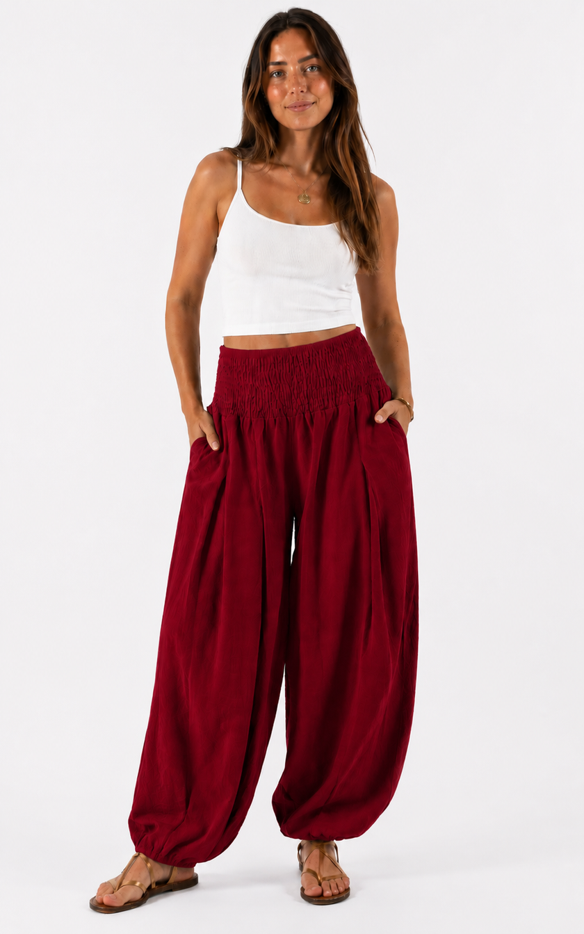 Made in shirred waist harem trouser