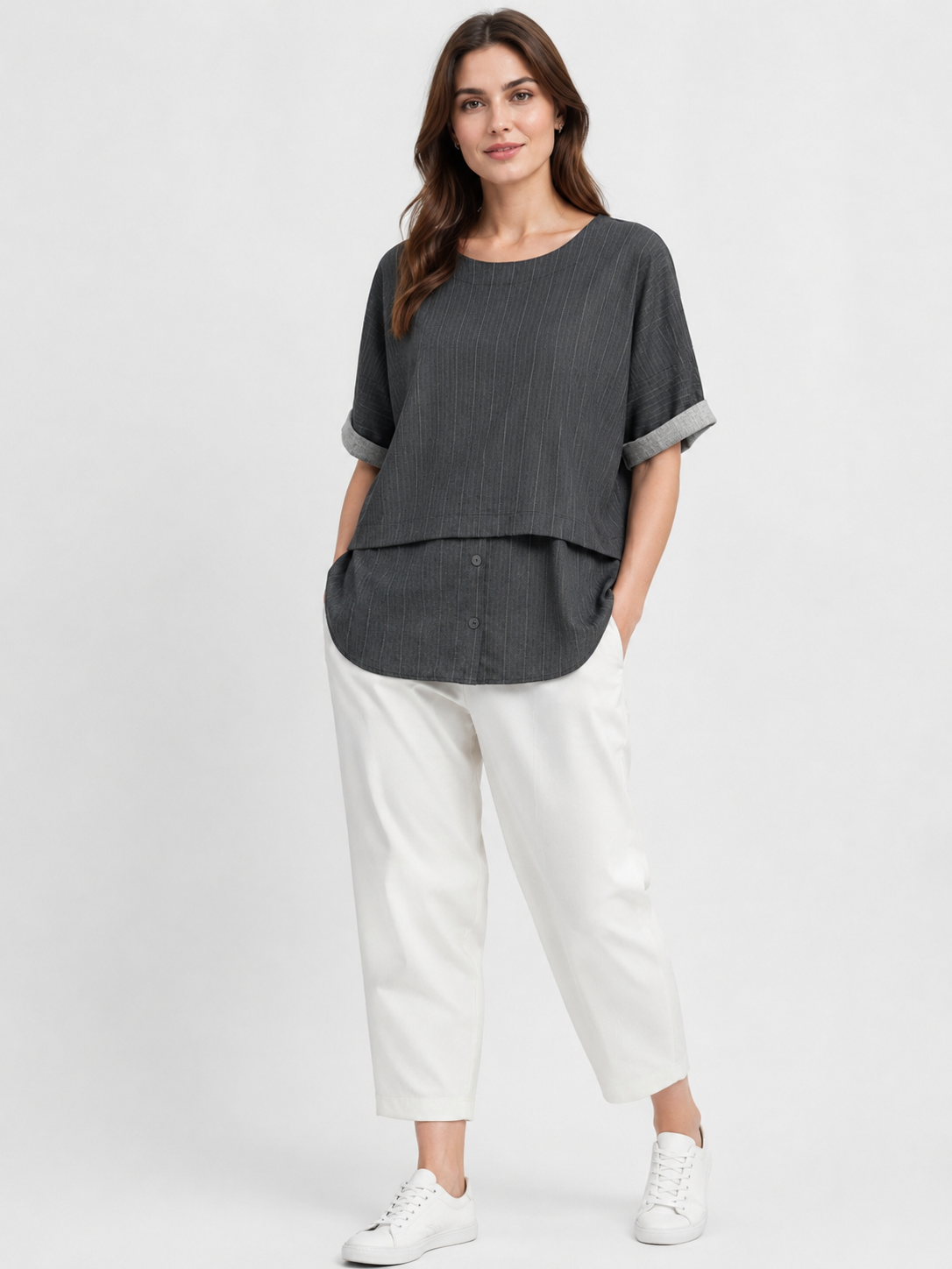 Made in Italy Pinstripe Button Front Top