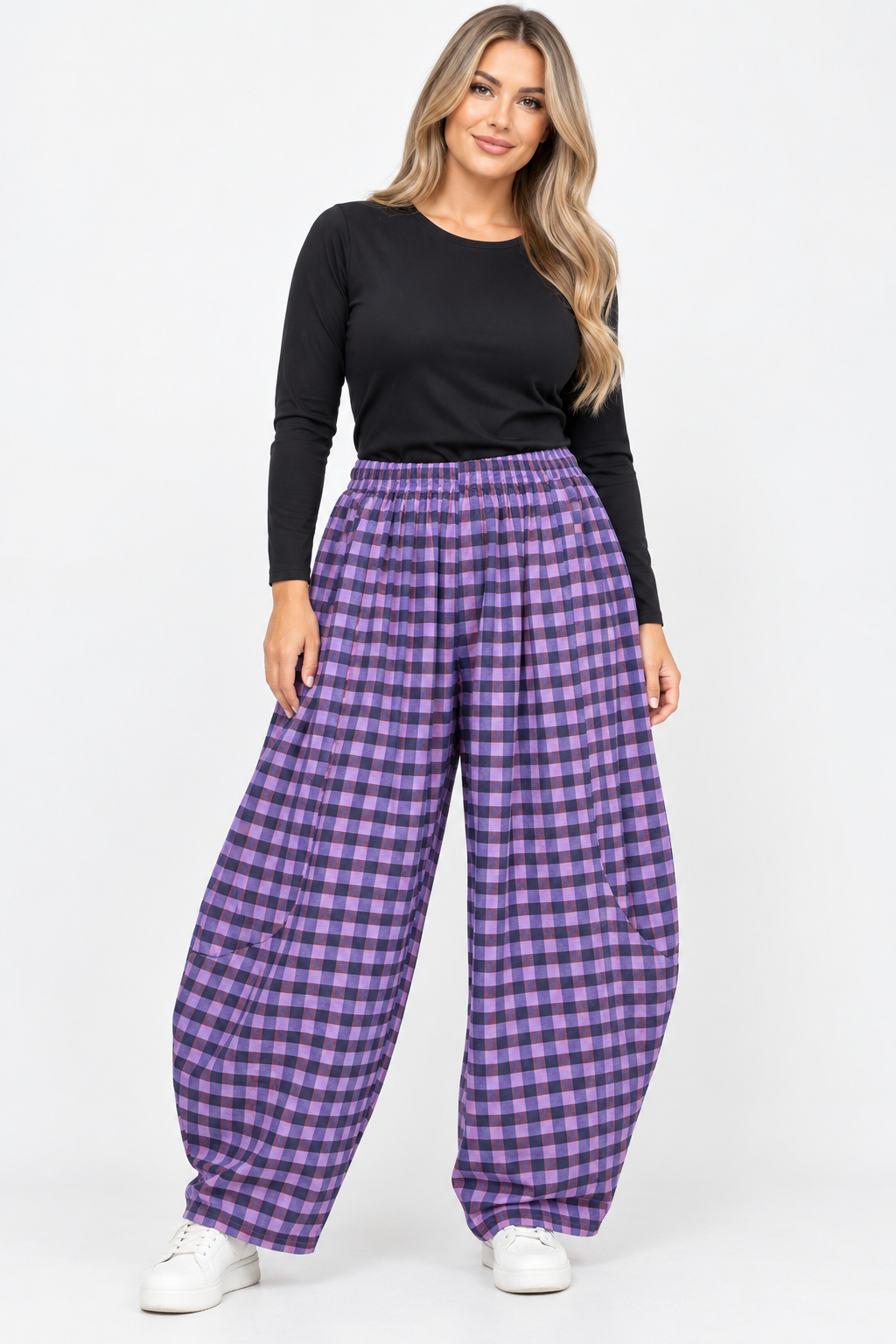 Made in Italy Gingham/Check Barrel Leg Trouser