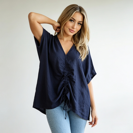 Ruched Front Linen Top - Made in Italy