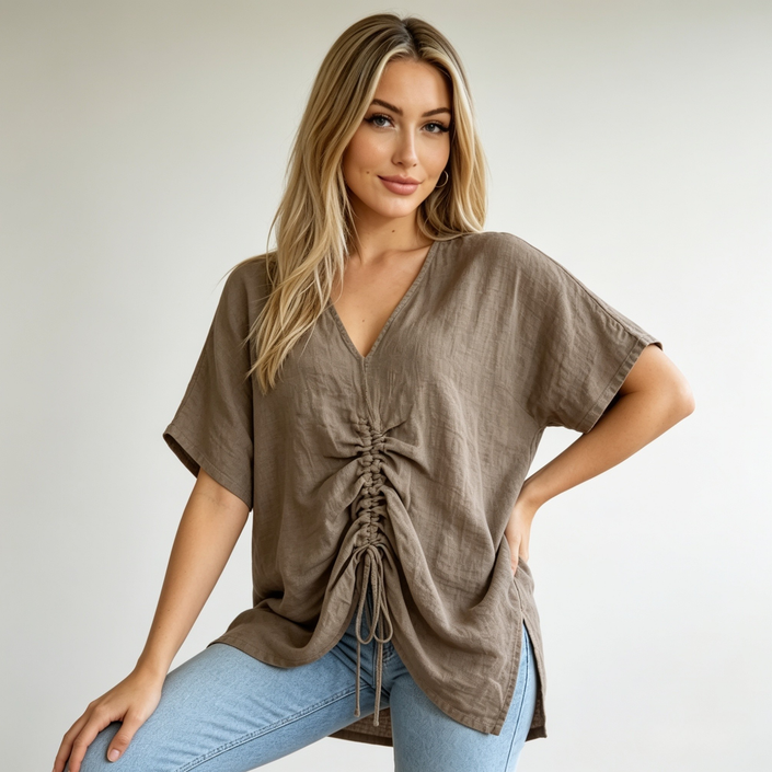 Ruched Front Linen Top - Made in Italy