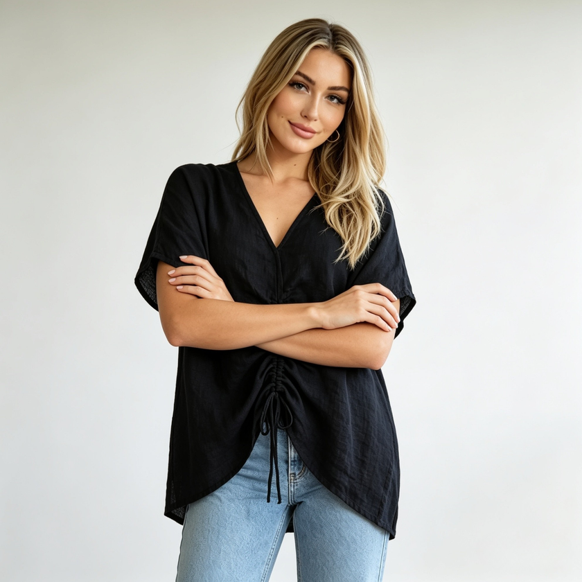 Ruched Front Linen Top - Made in Italy