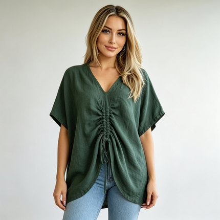 Ruched Front Linen Top - Made in Italy