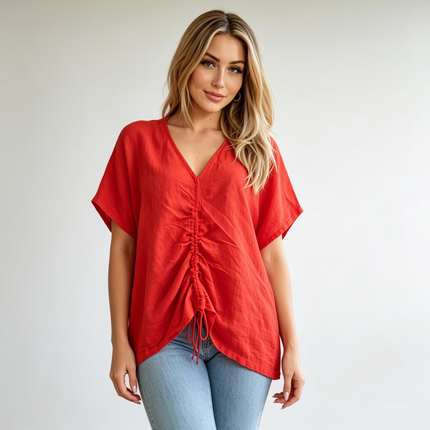 Ruched Front Linen Top - Made in Italy