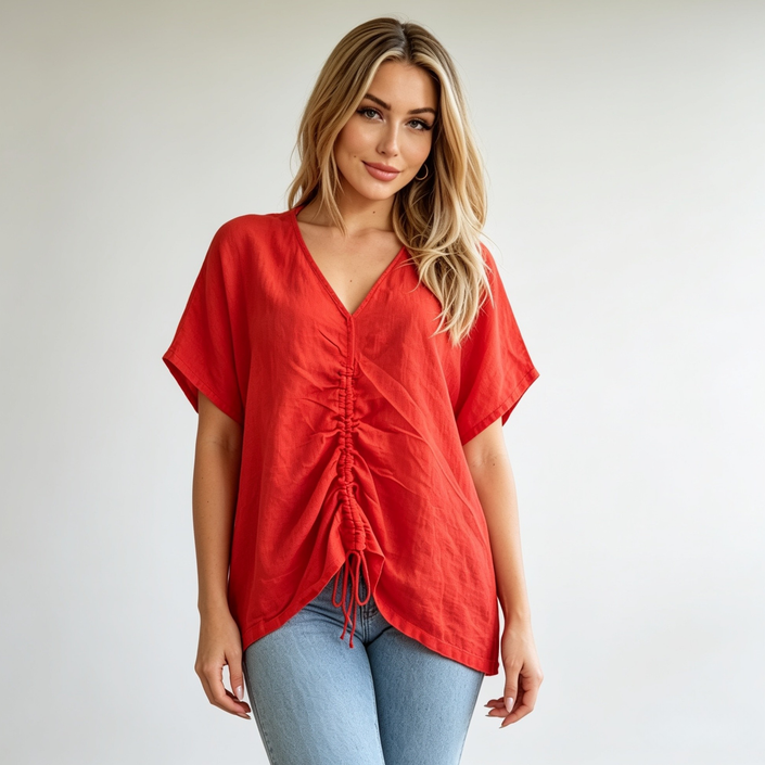 Ruched Front Linen Top - Made in Italy
