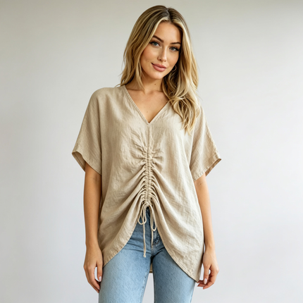 Ruched Front Linen Top - Made in Italy