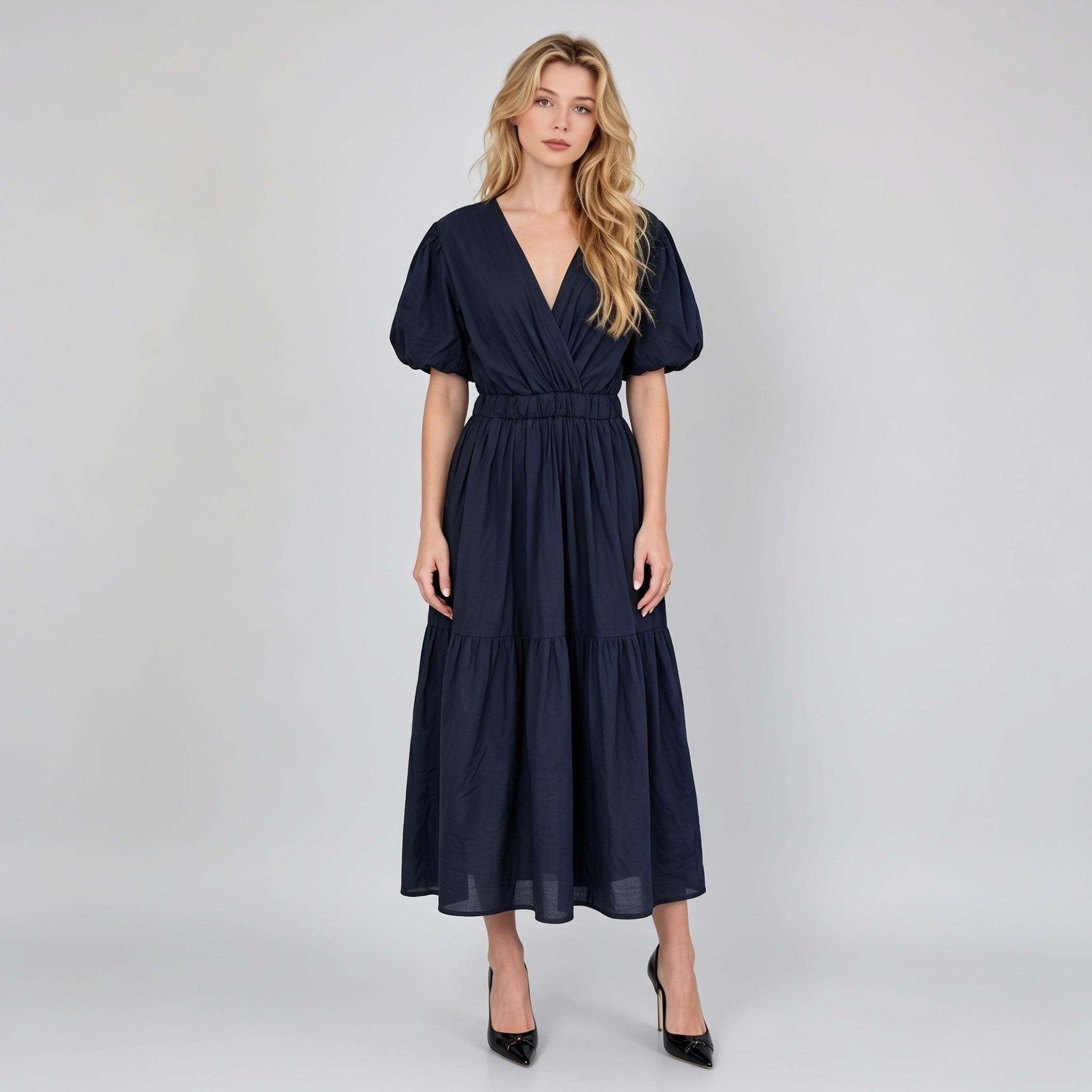 Made in Italy V-Neck Wrap Tiered Maxi Dress