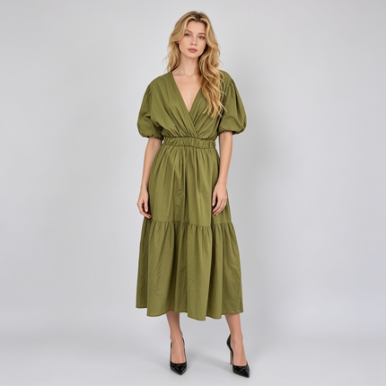 Made in Italy V-Neck Wrap Tiered Maxi Dress