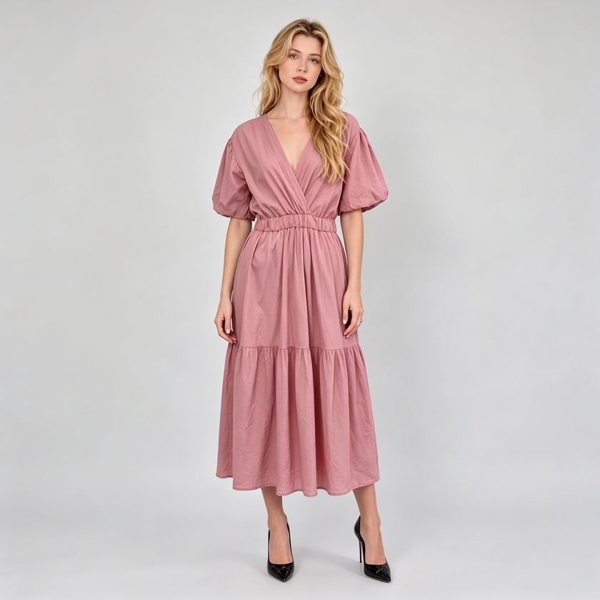 Made in Italy V-Neck Wrap Tiered Maxi Dress