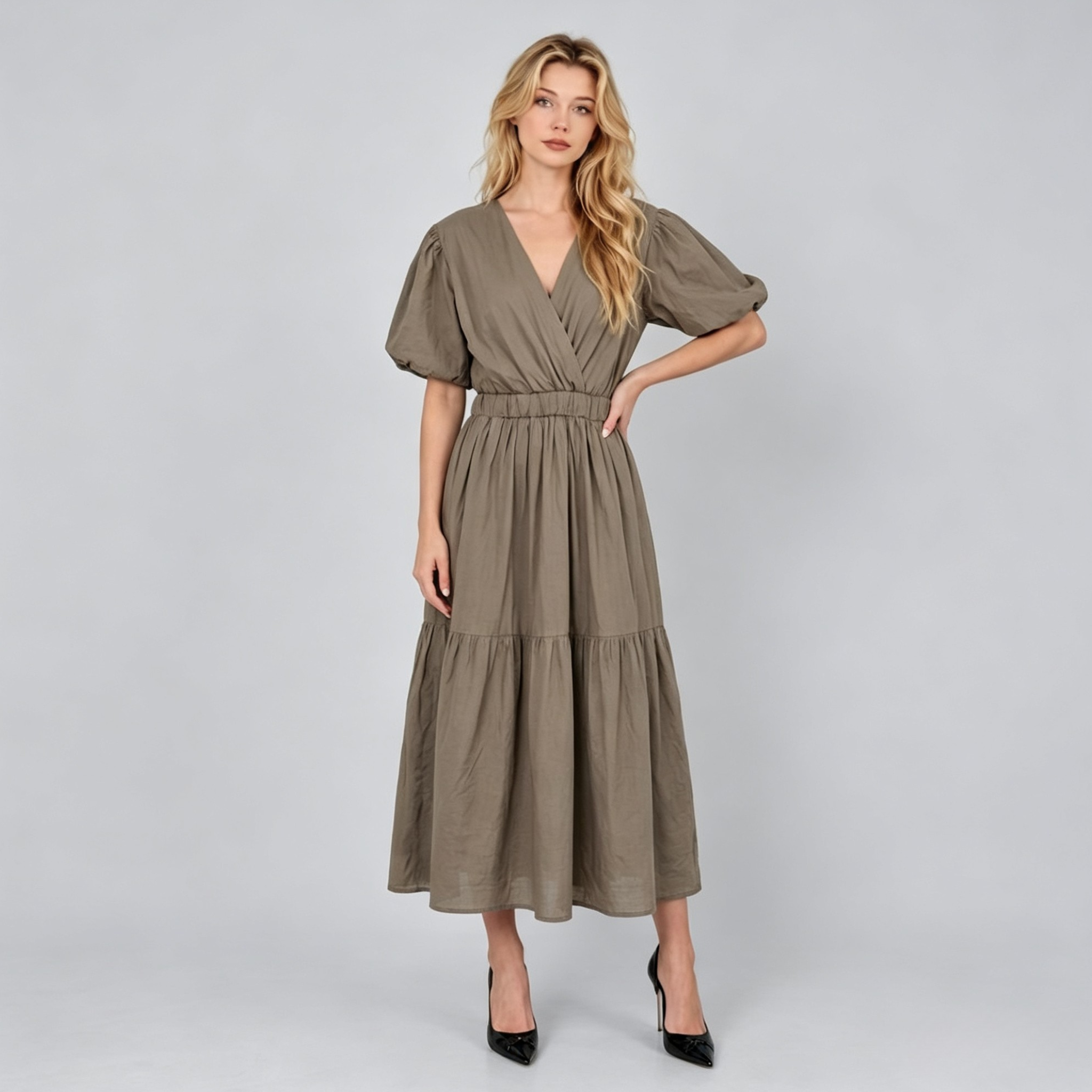 Made in Italy V-Neck Wrap Tiered Maxi Dress