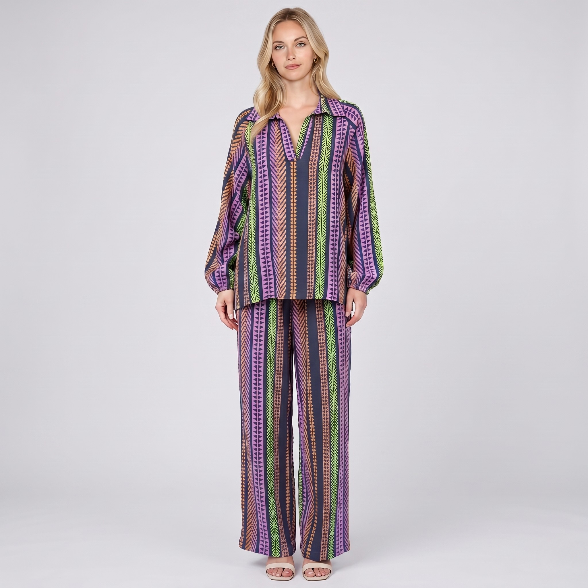 Made in Italy Printed Cotton Split Neck Top & Wide Leg Trouser Separate / Co-ord Set