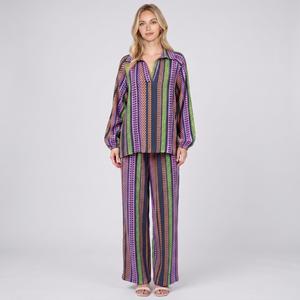 Made in Italy Printed Cotton Split Neck Top & Wide Leg Trouser Separate / Co-ord Set
