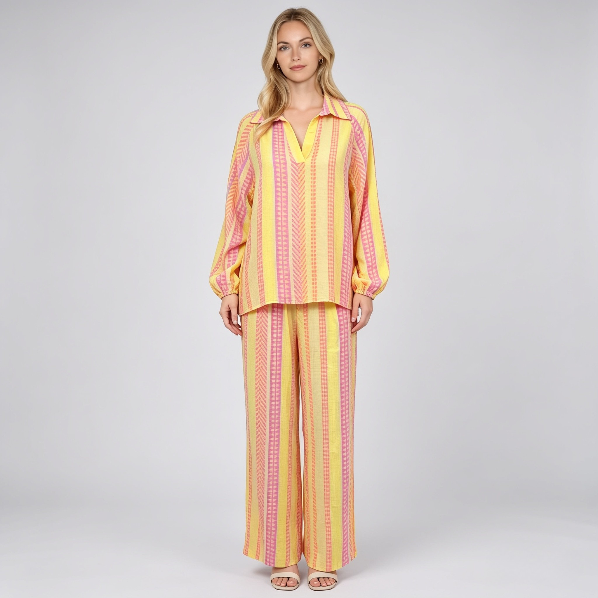 Made in Italy Printed Cotton Split Neck Top & Wide Leg Trouser Separate / Co-ord Set
