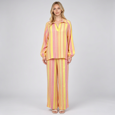 Made in Italy Printed Cotton Split Neck Top & Wide Leg Trouser Separate / Co-ord Set